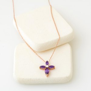 Collier en améthyste violette, forme poire, croix religieuse en améthyste, certifié véritable, argent 925 plaqué or 14 carats - Product Image 2