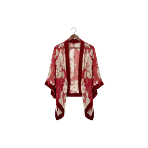 <b>Red</b> Floral Embroidery Mini Length Kaftan with Round Neck Traditional Style Loose Fit Breathable Lightweight Short Sleeve Kaftans - Product Image 1