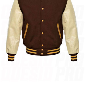 Veste varsity marron crème pour homme, corps en laine, manches en cuir, fermeture boutonnée, col rabattu, vêtement décontracté pour l'automne - Product Image 3