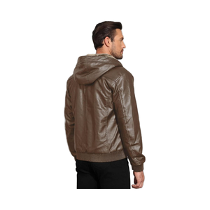 Nueva chaqueta de moto con capucha de cuero genuino para hombre, impermeable, a prueba de viento, informal, con cremallera y forro de Sherpa - Product Image 6