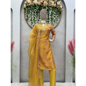 Conjunto de Fiesta de Chifón con Top, Pantalón y Dupatta con Bordado de Hilo y Lentejuelas, Talla XL - Product Image 3