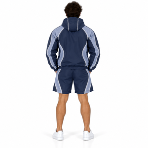 High Quality Men Short Set Windbreaker Full Zip Hooded <b>Jacket</b> <b>Running</b> Shorts Set <b>Reflective</b> Piping Custom Mens Activewear Set - Product Image 2