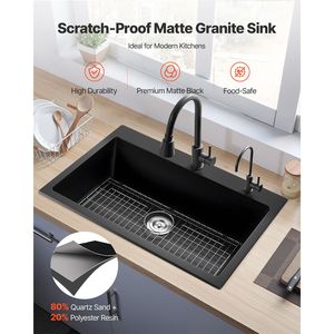 Lavello da cucina da 33 pollici con finitura satinata, a montaggio superiore, in granito, a vasca singola, stile rustico, con accessori multipli per uso in laboratorio - Product Image 2