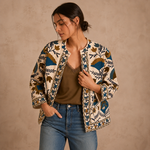 Veste matelassée en coton brodée sur mesure pour femme, faite à la main, motif floral bohème, ouverte sur le devant, décontractée, vintage, ethnique, manteau d'hiver OEM ODM - Product Image 1