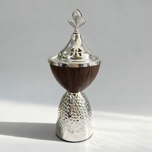 Wholesale Modern Walnut Wood Gold Silver Metal <b>Bakhoor</b> Burner Hammered Base Dome Top Arabian Mabkhara Goblet Shape <b>Oud</b> Incense - Product Image 6