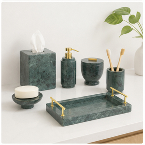 Ensemble d'accessoires de salle de bain en marbre vert naturel luxueux, 7 pièces, distributeur de savon, plateau et boîte à mouchoirs pour la décoration moderne des hôtels et des maisons - Product Image 4