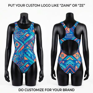 220 GSM Premium Polyester Spandex Swim Suit Women Geometric Blue <b>Orange</b> Print Custom Logo Sublimation - Product Image 1
