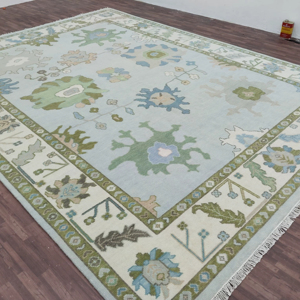 Tapis artisanal en laine/soie de style persan abstrait noué à la main |   Vert clair bleu pastel décoratif adapté aux animaux domestiques 1 pièce - Product Image 1