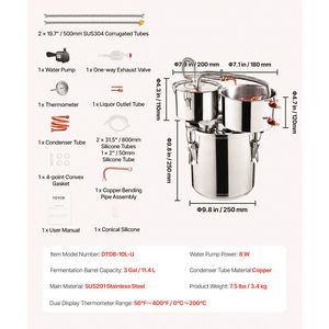 Distillatore di Alcol in Acciaio Inox da 3 Galloni/11,4 L con Doppio Condensatore e Serpentina in Rame a Raffreddamento Rapido, Attrezzatura per Doppia Distillazione - Product Image 1