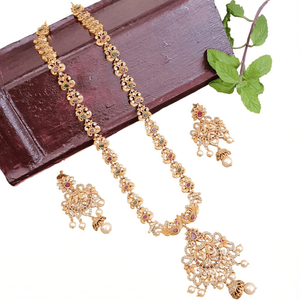 Antique Gold Plated Zircon Bridal Jewelry Set-Long South Indian Necklace & Earring Set Fine Fashion Gift - Product Image 2