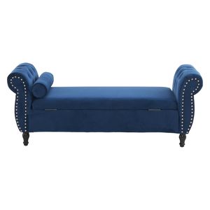 Panca Ottomana Rettangolare in Velluto Blu Navy con 1 Cuscino, Sgabello Multifunzionale con Contenitore e Pouf - Product Image 3