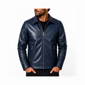 Veste moto en cuir véritable bleu pour homme avec fermeture éclair, col rabattable, coupe ajustée, vêtements d'hiver - Product Image 2