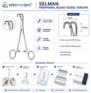 Pinzas para Vasos Sanguíneos Periféricos SELMAN, Curvatura Completa, Mordazas COOLEY de 15 mm x 8.5 mm de Profundidad, Longitud Total de 5 pulgadas (12.7 cm), ZETOMEDPRO - Product Image 2