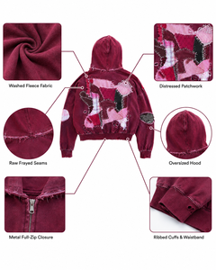 เสื้อฮู้ดซิปผ้ากำมะหยี่สีแดงสั่งทำพิเศษ สไตล์สตรีทแวร์ ทรงโอเวอร์ไซส์ ยูนิเซ็กส์ ผ้าเฟรนช์เทอร์รี่ 100% คอตตอน สำหรับฤดูใบไม้ร่วง - Product Image 6