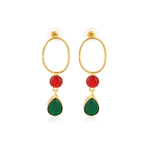 Elegantes Pendientes Colgantes con Engaste de Bisel de Granate Hidro y Ónix Verde Chapados en Oro, Joyería Artesanal de Latón para Mujer - Product Image 1