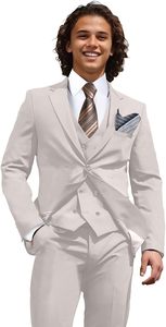 Traje de 3 piezas para hombre, color crema, corte ajustado, chaleco cruzado, blazer y pantalones, conjunto formal de negocios, antiarrugas, poliéster tejido. - Product Image 4