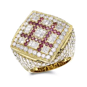 EtherStar 3.50ct Lab Grown Diamond Luxury <b>Mens</b> <b>Ring</b> Gold <b>Ruby</b> Lattice Square Halo Pave Signet Pinky Band - Product Image 3