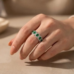 Elegant Design 925 Moissanite Halo <b>Emerald</b> Cut Green Stone 3.3 Carat Women's Anniversary <b>Ring</b> Sterling <b>Silver</b> White Gold Plated - Product Image 3