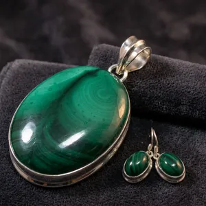 Green Malachite 925 Sterling Silver Indian Handmade Jewelry Set Oval Pendant <b>Earrings</b> Natural Gemstone Bohemian Women's Gift - Product Image 2