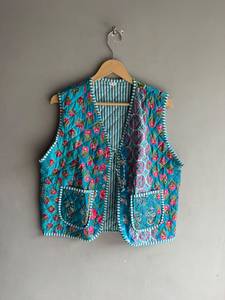 Chaleco Acolchado Floral Turquesa para Mujer, Sin Mangas, Frente Abierto, Bolsillos de Parche, Estilo Primavera, Chaqueta Reversible, REGALO PARA ELLA - Product Image 1