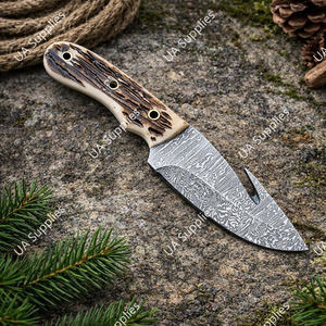 Cuchillo de Camping de Acero de Damasco de 8 Pulgadas con Hoja Fija Tipo Drop Point y Gancho para Pescar, Mango de Cuerno de Ciervo, Venta al por Mayor, Soporte OEM/ODM, MOQs Bajos - Product Image 5