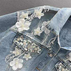 Women's Denim Jacket with Leopard Print Embroidery Lace Flowers Floral Applique Beaded Design-Quick Dry & Eco-Friendly - Product Image 4