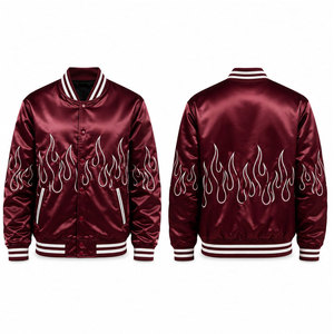 Chaqueta Varsity de Satén Color Granate para Hombre con Bordado de Llama Blanca, Corte Regular, Cuello Camisero, Cierre de Botón, Estilo Casual para Otoño - Product Image 1