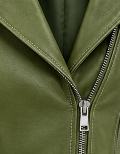 Women's Olive Green <b>Leather</b> Moto <b>Vest</b> With Zipper Closure - Product Image 3
