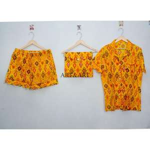 Ensemble de pyjama court pour femmes en coton 100% imprimé à la main, style indien floral, décontracté, léger, respirant, été, printemps, automne - Product Image 1