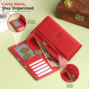 WRIZA Genuine Leather Women's RFID Wallet <b>Red</b> Clutch <b>Purse</b> Card Slots Coin Pocket Spacious Cash Storage Cotton Button Closure - Product Image 6