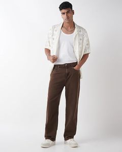 Jean en denim décontracté pour homme, taille mi-haute, coupe large, 100 % coton, écologique, lavable, marron - Product Image 6