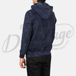 Veste Anorak à Capuche Homme en Daim Bleu Marine, Coupe Slim, Décontractée, Demi-Zip, en Daim Véritable Doux, Tendance - Product Image 2