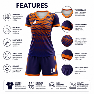 Ensemble short et maillot de football sublimé violet et orange pour femme, col en V, manches courtes, anti-humidité, coupe athlétique, 100 % polyester - Product Image 5