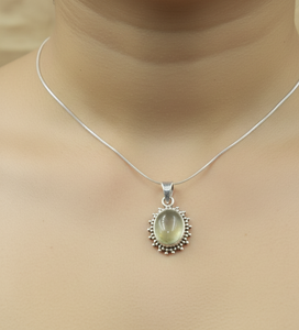 Unique Prehnite Gemstone Oval Pendant 925 Sterling <b>Silver</b> Handmade <b>Beaded</b> Frame Rose Gold Yellow Gold Plated Jewelry for Unisex - Product Image 2