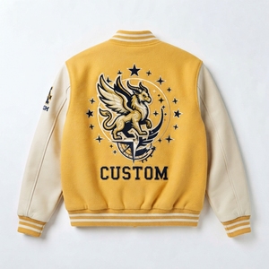 แจ็คเก็ตวาร์ซิตี้ผ้าขนสัตว์สั่งทำพิเศษ แขนหนัง ปักลายตัวอักษร  แบบยูนิเซ็กซ์ ติดกระดุมแป๊ก สีเหลือง - Product Image 2