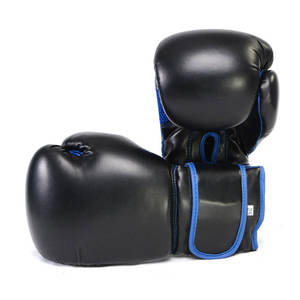 Gants de boxe en cuir noir avec bordure bleue, fermeture à lacets au poignet, pour adultes, entraînement de Muay Thai et fitness - Product Image 5