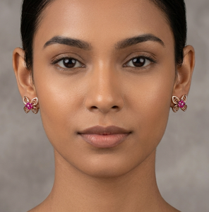 Boucles d'oreilles clous en argent 925 couleur or rose, motif floral, serties pavé imitation rubis taille ovale, bijoux d'oreille pour femme - Product Image 2