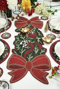 Christmas Table Runner with <b>Red</b> <b>Bow</b> and Holly Design Fabric Mats for Dining Table Decoration - Product Image 4