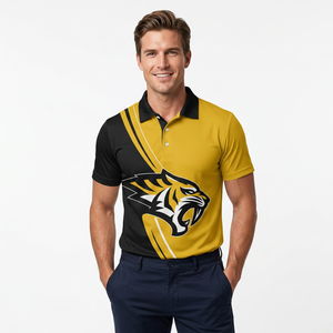 Polo à manches courtes pour homme, imprimé tigre, noir et jaune, polyester, coupe décontractée, respirant, logo sur le devant - Product Image 4