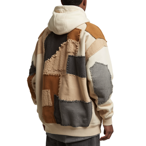 Luxury Men's Oversized Cotton Fleece Hoodie Featuring Raised Chenille Applique <b>Fabric</b> Patchwork with Heavyweight Construction - Product Image 2