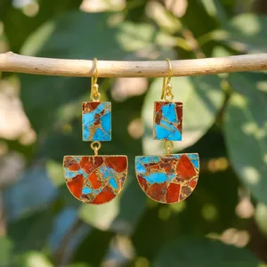 Blue & orange mohave copper turquoise <b>earring</b> gold electroplating <b>hook</b> dangle large size handmade half d shape wholesale Jewelry - Product Image 5