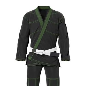 Kimono de Jiu-Jitsu noir avec surpiqûres vertes contrastées, tissage perlé, uniforme d'arts martiaux, tenue professionnelle pour compétition et entraînement - Product Image 4