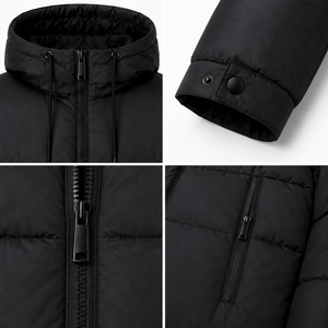 Blouson matelassé réfléchissant en toile épaisse avec capuche, poches longues zippées, poignets ajustables, doublure noire, larges bavettes, pour l'hiver et l'extérieur - Product Image 4