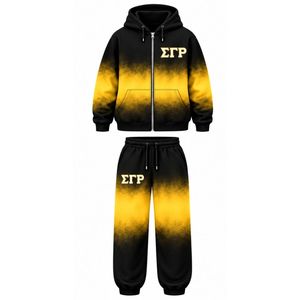 Conjunto Deportivo Casual Personalizado para Mujer, Sudadera con Capucha y Pantalones Jogger Oversize con Estampado Tie Dye en Negro y Dorado de la Hermandad Griega Sigma Gamma Rho - Product Image 1