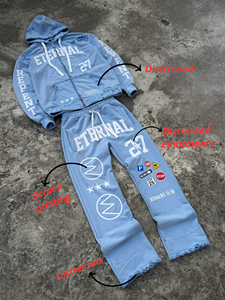 Ensemble jogging et sweat à capuche oversize en molleton bouclette uni avec fermeture éclair, qualité supérieure, style streetwear déchiré pour homme - Product Image 1