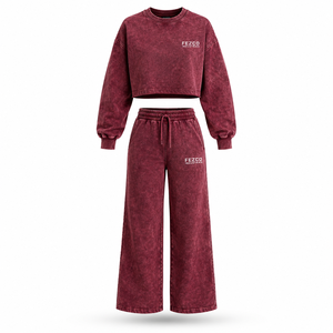 100% Cotton Fleece Lace Solid Winter Acid Washed Embroidered Rhinestone High Street Two Piece Vintage <b>Women</b> <b>Sweatsuit</b> - Product Image 2