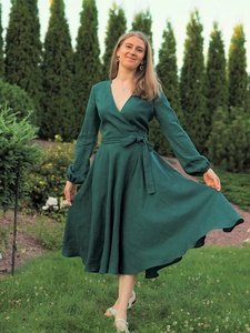 Robe de soirée vintage écologique en coton vert, longueur genou, coupe trapèze, à manches longues, pour femme, idéale pour une invitée de mariage - Product Image 4