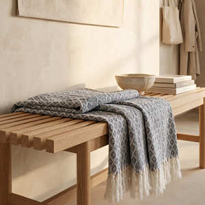 Manta de Cama Tejida de 125x150 cm, Color Marrón Tierra, con Bloques de Color, Diseño Costero a Rayas, de Algodón Rústico, Directo de Fábrica - Product Image 3