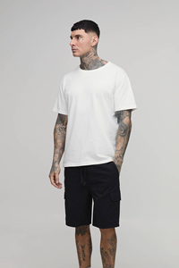 <b>Men</b> White Crew Neck Knitted T-Shirt <b>Black</b> Cargo <b>Shorts</b> Set Casual Summer Wear 100% Organic Cotton Breathable Quick Dry Solid - Product Image 4