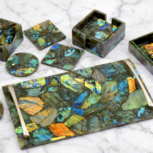 Labradorite <b>Coaster</b> and Tray Set | Natural Crystal Carved Gemstone Drink <b>Coaster</b> Mirror Tray Jewelry Box <b>Car</b> <b>Coasters</b> Home Decor - Product Image 1